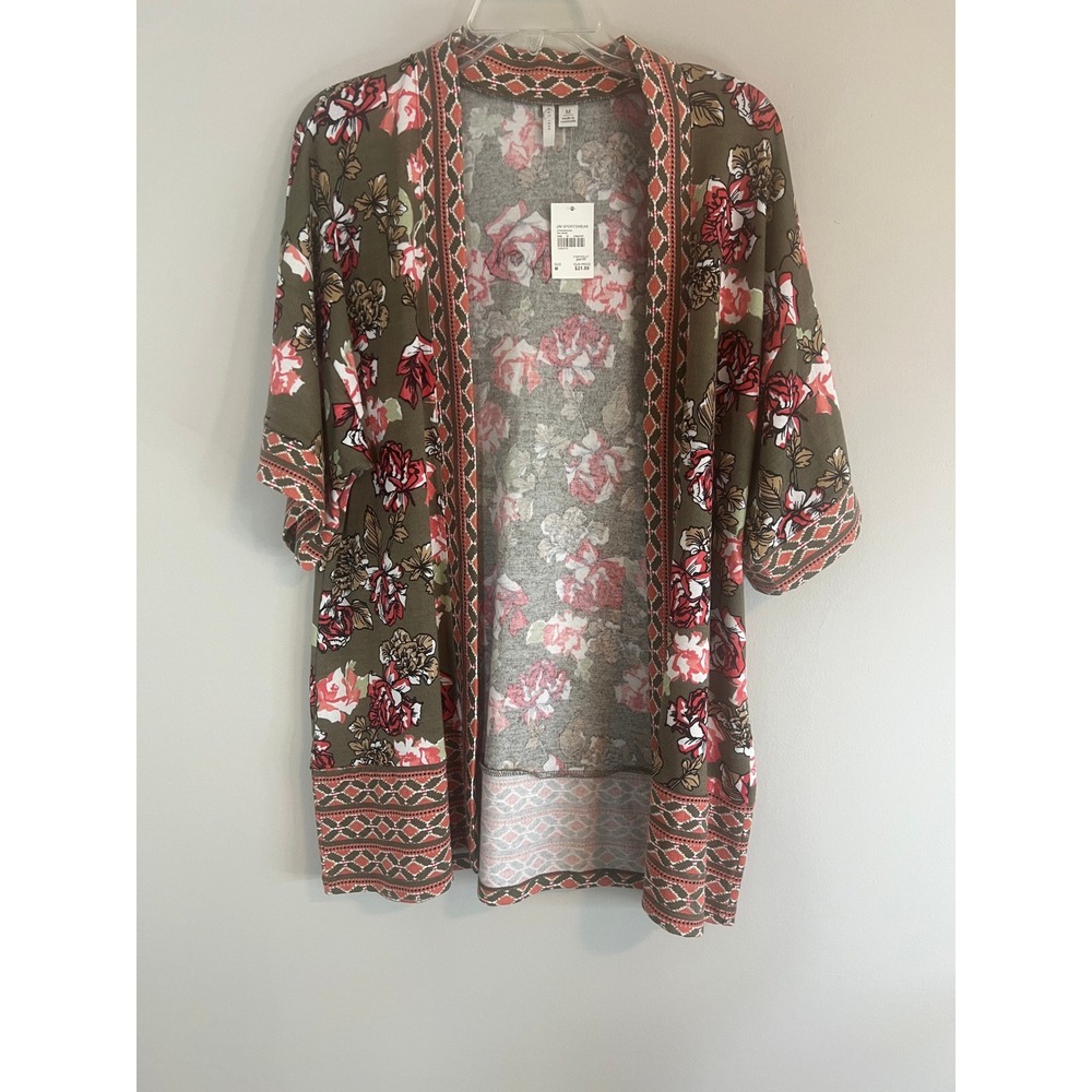 Cato  Floral Geometric Open Front Kimono Cardigan Sea Grass Green M NWT